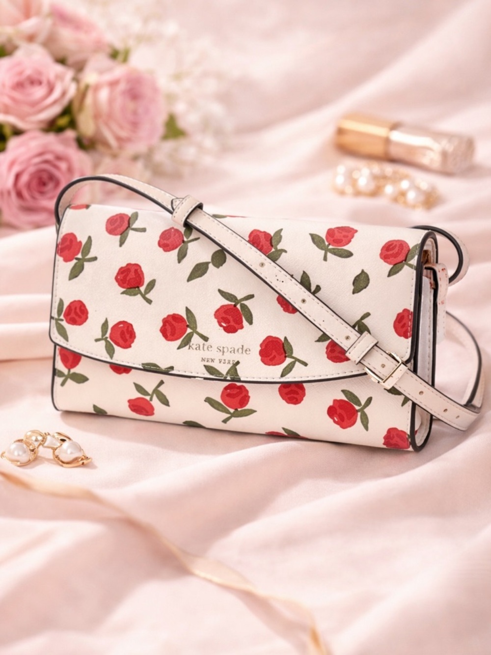 Kate Spade Dana Rose Crossbody Cream Red Floral Saffiano Leather Holiday Bag - Picture 4 of 15
